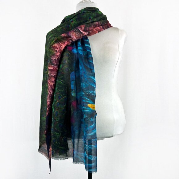 Peacock Feathers Parade Long Scarf Shawl Wrap - Picture 9 of 11